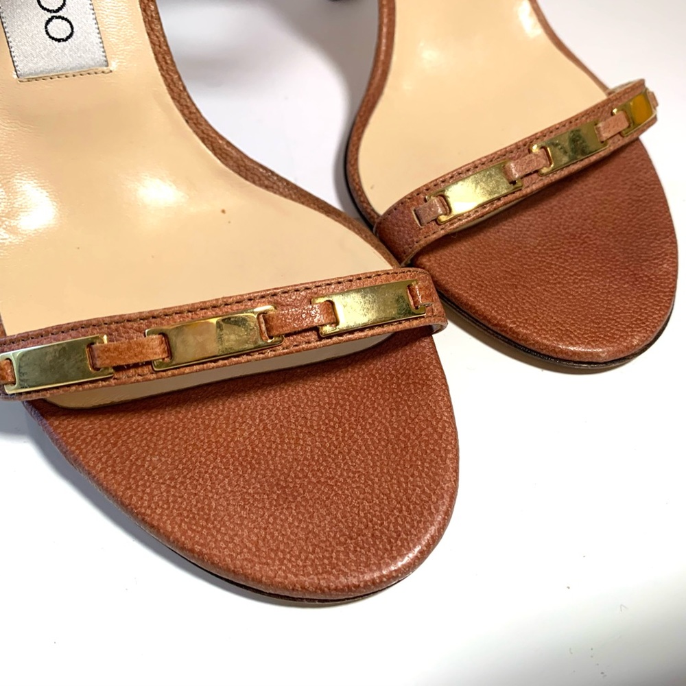 Jimmy Choo Brown Leather Gold Strappy Ankle Tie Sandal Heel Size 38 1/2 - Picture 3 of 9